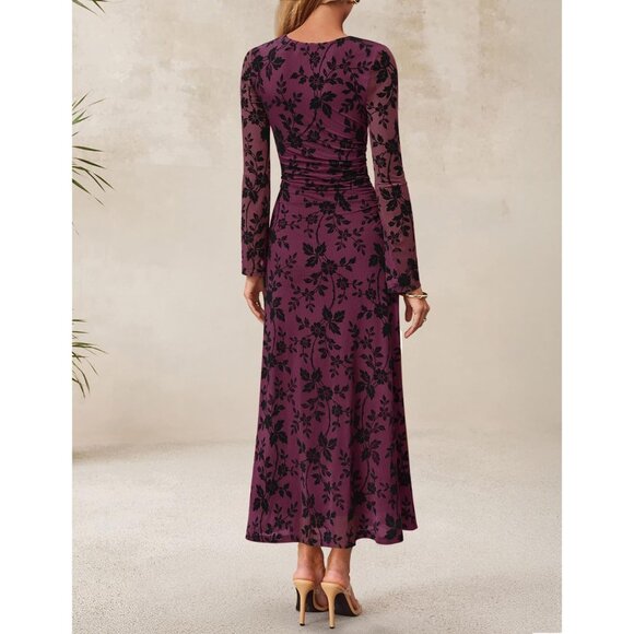 Zesica Women's LMauve Ruched Mesh Long Sleeve Floral Bodycon Cocktail Dress - Picture 3 of 6